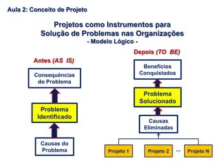 Projetos como Instrumentos para
Solução de Problemas nas Organizações
- Modelo Lógico -
Problema
Identificado
Consequências
do Problema
Causas do
Problema
Problema
Solucionado
Causas
Eliminadas
Benefícios
Conquistados
Projeto 1 Projeto 2 Projeto N...
Antes (AS IS)
Depois (TO BE)
Aula 2: Conceito de Projeto
 