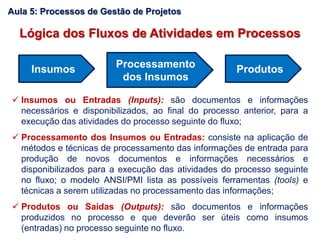 Lógica dos Fluxos de Atividades em Processos
Aula 5: Processos de Gestão de Projetos
Insumos Processamento
dos Insumos
Produtos
 Insumos ou Entradas (Inputs): são documentos e informações
necessários e disponibilizados, ao final do processo anterior, para a
execução das atividades do processo seguinte do fluxo;
 Processamento dos Insumos ou Entradas: consiste na aplicação de
métodos e técnicas de processamento das informações de entrada para
produção de novos documentos e informações necessários e
disponibilizados para a execução das atividades do processo seguinte
no fluxo; o modelo ANSI/PMI lista as possíveis ferramentas (tools) e
técnicas a serem utilizadas no processamento das informações;
 Produtos ou Saídas (Outputs): são documentos e informações
produzidos no processo e que deverão ser úteis como insumos
(entradas) no processo seguinte no fluxo.
 