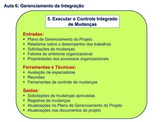 Entradas:
 Plano de Gerenciamento do Projeto
 Relatórios sobre o desempenho dos trabalhos
 Solicitações de mudanças
 Fatores do ambiente organizacional
 Propriedades dos processos organizacionais
Ferramentas e Técnicas:
 Avaliação de especialistas
 Reuniões
 Ferramentas de controle de mudanças
Saídas:
 Solicitações de mudanças aprovadas
 Registros de mudanças
 Atualizações no Plano de Gerenciamento do Projeto
 Atualizações nos documentos do projeto
5. Executar o Controle Integrado
de Mudanças
Aula 6: Gerenciamento da Integração
 