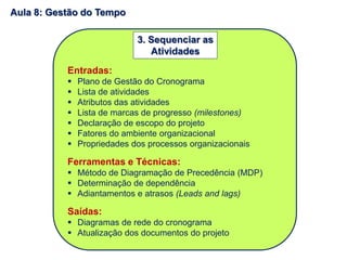 Entradas:
 Plano de Gestão do Cronograma
 Lista de atividades
 Atributos das atividades
 Lista de marcas de progresso (milestones)
 Declaração de escopo do projeto
 Fatores do ambiente organizacional
 Propriedades dos processos organizacionais
Ferramentas e Técnicas:
 Método de Diagramação de Precedência (MDP)
 Determinação de dependência
 Adiantamentos e atrasos (Leads and lags)
Saídas:
 Diagramas de rede do cronograma
 Atualização dos documentos do projeto
3. Sequenciar as
Atividades
Aula 8: Gestão do Tempo
 