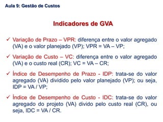  Variação de Prazo – VPR: diferença entre o valor agregado
(VA) e o valor planejado (VP); VPR = VA – VP;
 Variação de Custo – VC: diferença entre o valor agregado
(VA) e o custo real (CR); VC = VA – CR;
 Índice de Desempenho de Prazo - IDP: trata-se do valor
agregado (VA) dividido pelo valor planejado (VP); ou seja,
IDP = VA / VP;
 Índice de Desempenho de Custo - IDC: trata-se do valor
agregado do projeto (VA) divido pelo custo real (CR), ou
seja, IDC = VA / CR.
Indicadores de GVA
Aula 9: Gestão de Custos
 