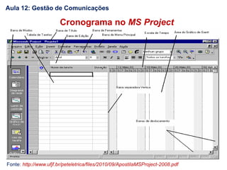 Cronograma no MS Project
Fonte: http://www.ufjf.br/peteletrica/files/2010/09/ApostilaMSProject-2008.pdf
Aula 12: Gestão de Comunicações
 