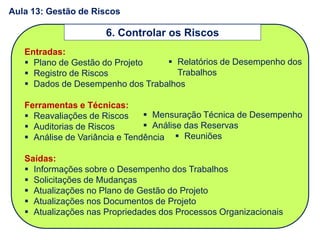 Entradas:
 Plano de Gestão do Projeto
 Registro de Riscos
 Dados de Desempenho dos Trabalhos
Ferramentas e Técnicas:
 Reavaliações de Riscos
 Auditorias de Riscos
 Análise de Variância e Tendência
Saídas:
 Informações sobre o Desempenho dos Trabalhos
 Solicitações de Mudanças
 Atualizações no Plano de Gestão do Projeto
 Atualizações nos Documentos de Projeto
 Atualizações nas Propriedades dos Processos Organizacionais
6. Controlar os Riscos
 Mensuração Técnica de Desempenho
 Análise das Reservas
 Reuniões
 Relatórios de Desempenho dos
Trabalhos
Aula 13: Gestão de Riscos
 
