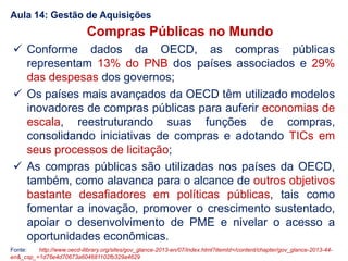  Conforme dados da OECD, as compras públicas
representam 13% do PNB dos países associados e 29%
das despesas dos governos;
 Os países mais avançados da OECD têm utilizado modelos
inovadores de compras públicas para auferir economias de
escala, reestruturando suas funções de compras,
consolidando iniciativas de compras e adotando TICs em
seus processos de licitação;
 As compras públicas são utilizadas nos países da OECD,
também, como alavanca para o alcance de outros objetivos
bastante desafiadores em políticas públicas, tais como
fomentar a inovação, promover o crescimento sustentado,
apoiar o desenvolvimento de PME e nivelar o acesso a
oportunidades econômicas.
Compras Públicas no Mundo
Aula 14: Gestão de Aquisições
Fonte: http://www.oecd-ilibrary.org/sites/gov_glance-2013-en/07/index.html?itemId=/content/chapter/gov_glance-2013-44-
en&_csp_=1d76e4d70673a604681102fb329a4629
 