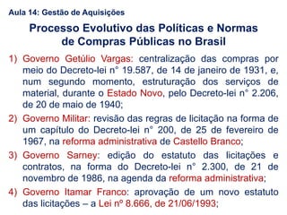 Processo Evolutivo das Políticas e Normas
de Compras Públicas no Brasil
1) Governo Getúlio Vargas: centralização das compras por
meio do Decreto-lei n° 19.587, de 14 de janeiro de 1931, e,
num segundo momento, estruturação dos serviços de
material, durante o Estado Novo, pelo Decreto-lei n° 2.206,
de 20 de maio de 1940;
2) Governo Militar: revisão das regras de licitação na forma de
um capítulo do Decreto-lei n° 200, de 25 de fevereiro de
1967, na reforma administrativa de Castello Branco;
3) Governo Sarney: edição do estatuto das licitações e
contratos, na forma do Decreto-lei n° 2.300, de 21 de
novembro de 1986, na agenda da reforma administrativa;
4) Governo Itamar Franco: aprovação de um novo estatuto
das licitações – a Lei nº 8.666, de 21/06/1993;
Aula 14: Gestão de Aquisições
 