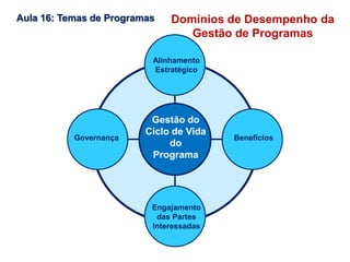 Aula 16: Temas de Programas
Gestão do
Ciclo de Vida
do
Programa
Alinhamento
Estratégico
Engajamento
das Partes
Interessadas
BenefíciosGovernança
Domínios de Desempenho da
Gestão de Programas
 