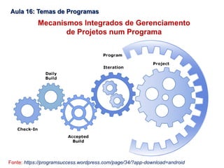 Fonte: https://programsuccess.wordpress.com/page/34/?app-download=android
Aula 16: Temas de Programas
Mecanismos Integrados de Gerenciamento
de Projetos num Programa
 