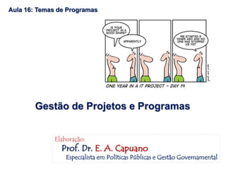 Gestão de Projetos e Programas
Aula 16: Temas de Programas
Elaboração:
Prof. Dr. E. A. Capuano
Especialista em Políticas Públicas e Gestão Governamental
 