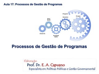 Processos de Gestão de Programas
Aula 17: Processos de Gestão de Programas
Elaboração:
Prof. Dr. E. A. Capuano
Especialista em Políticas Públicas e Gestão Governamental
 