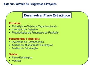Entradas:
 Estratégia e Objetivos Organizacionais
 Inventário de Trabalho
 Propriedades de Processos do Portfoflio
Ferramentas e Técnicas:
 Inventário de Componentes
 Análise de Alinhamento Estratégico
 Análise de Priorização
Saídas:
 Plano Estratégico
 Portfolio
Desenvolver Plano Estratégico
Aula 18: Portfolio de Programas e Projetos
 