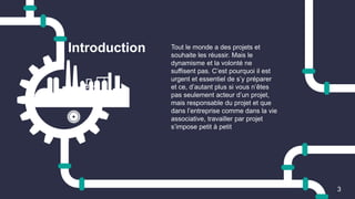 Tout le monde a des projets et
souhaite les réussir. Mais le
dynamisme et la volonté ne
suffisent pas. C’est pourquoi il est
urgent et essentiel de s’y préparer
et ce, d’autant plus si vous n’êtes
pas seulement acteur d’un projet,
mais responsable du projet et que
dans l’entreprise comme dans la vie
associative, travailler par projet
s’impose petit à petit
Introduction
3
 