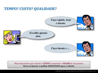 TEMPO? CUSTO? QUALIDADE?




    Mais importante que reduzir o CUSTO é aumentar o VALOR de um projeto.
            Deve-se buscar o melhor RESULTADO para o cliente.

                                            SEMINÁRIO DE GERENCIAMENTO DE PROJETOS | Setembro 2011
 