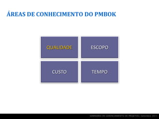 ÁREAS DE CONHECIMENTO DO PMBOK




          QUALIDADE    ESCOPO



            CUSTO      TEMPO




                      SEMINÁRIO DE GERENCIAMENTO DE PROJETOS | Setembro 2011
 