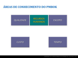 ÁREAS DE CONHECIMENTO DO PMBOK


                  RECURSOS
      QUALIDADE                         ESCOPO
                  HUMANOS




       CUSTO                            TEMPO




                         SEMINÁRIO DE GERENCIAMENTO DE PROJETOS | Setembro 2011
 