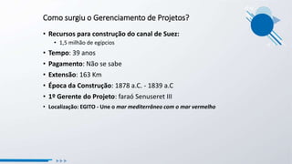 Como surgiu o Gerenciamento de Projetos?
• Recursos para construção do canal de Suez:
• 1,5 milhão de egípcios
• Tempo: 39 anos
• Pagamento: Não se sabe
• Extensão: 163 Km
• Época da Construção: 1878 a.C. - 1839 a.C
• 1º Gerente do Projeto: faraó Senuseret III
• Localização: EGITO - Une o mar mediterrâneo com o mar vermelho
 