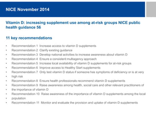 Vitamin D: increasing supplement use among at-risk groups NICE public
health guidance 56
11 key recommendations
• Recommendation 1 Increase access to vitamin D supplements
• Recommendation 2 Clarify existing guidance
• Recommendation 3 Develop national activities to increase awareness about vitamin D
• Recommendation 4 Ensure a consistent multiagency approach
• Recommendation 5 Increase local availability of vitamin D supplements for at-risk groups
• Recommendation 6 Improve access to Healthy Start supplements
• Recommendation 7 Only test vitamin D status if someone has symptoms of deficiency or is at very
• high risk
• Recommendation 8 Ensure health professionals recommend vitamin D supplements
• Recommendation 9 Raise awareness among health, social care and other relevant practitioners of
• the importance of vitamin D
• Recommendation 10 Raise awareness of the importance of vitamin D supplements among the local
• population
• Recommendation 11 Monitor and evaluate the provision and uptake of vitamin D supplements
NICE November 2014
 