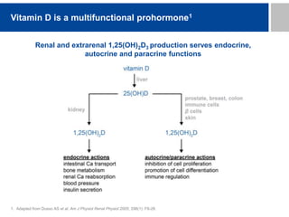 Renal and extrarenal 1,25(OH)2D3 production serves endocrine,
autocrine and paracrine functions
1. Adapted from Dusso AS et al. Am J Physiol Renal Physiol 2005; 298(1): F8-28.
Vitamin D is a multifunctional prohormone1
 