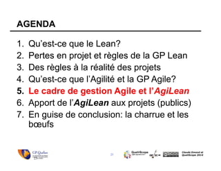 23
Claude Emond et
QualiScope 2014
AGENDA
1. Qu’est-ce que le Lean?
2. Pertes en projet et règles de la GP Lean
3. Des règles à la réalité des projets
4. Qu’est-ce que l’Agilité et la GP Agile?
5. Le cadre de gestion Agile et l’AgiLean
6. Apport de l’AgiLean aux projets (publics)
7. En guise de conclusion: la charrue et les
bœufs
23
 