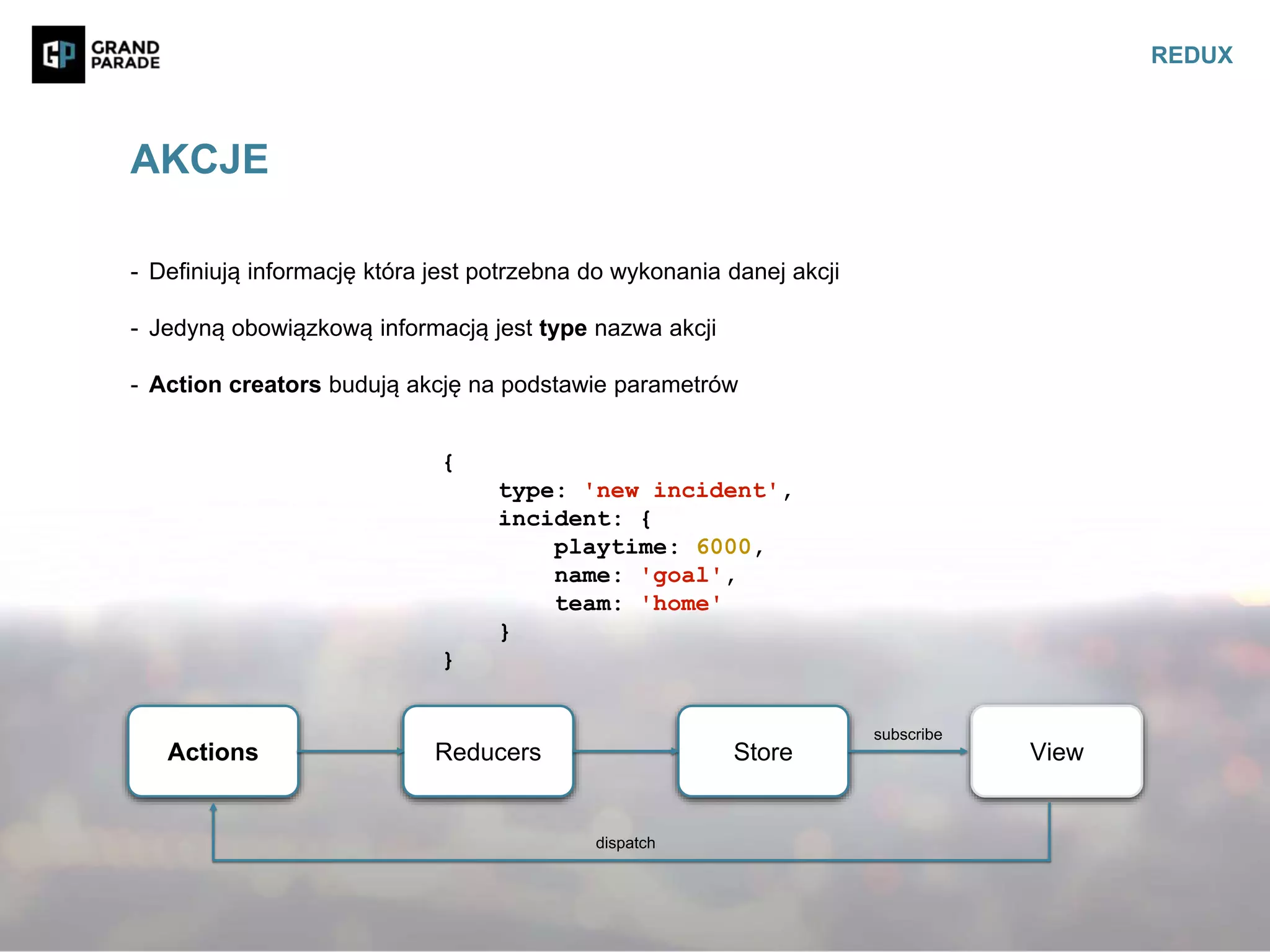 - Definiują informację która jest potrzebna do wykonania danej akcji
- Jedyną obowiązkową informacją jest type nazwa akcji
- Action creators budują akcję na podstawie parametrów
AKCJE
REDUX
Actions Reducers Store View
subscribe
dispatch
{
type: 'new incident',
incident: {
playtime: 6000,
name: 'goal',
team: 'home'
}
}
 