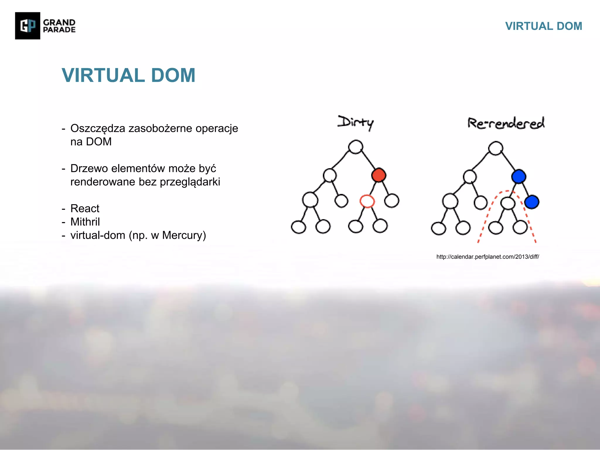 - Oszczędza zasobożerne operacje
na DOM
- Drzewo elementów może być
renderowane bez przeglądarki
- React
- Mithril
- virtual-dom (np. w Mercury)
VIRTUAL DOM
http://calendar.perfplanet.com/2013/diff/
VIRTUAL DOM
 