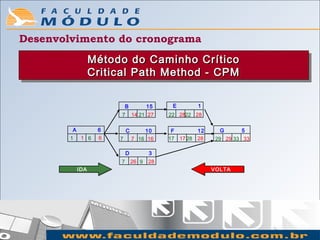 Desenvolvimento do cronograma
                  Método do Caminho Crítico
                  Método do Caminho Crítico
                  Critical Path Method -- CPM
                  Critical Path Method CPM

                            B          15    E       1
                        7       14 21 27    22 2822 28

        A          6        C       10       F       12     G      5
        1    1 6   6   7        7 16 16     17 17 28 28    29 29 33 33

                            D          3
                        7       26 9   28
            IDA                                           VOLTA
 