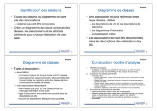 Identification des relations
•! Toutes les liaisons du diagramme ne sont
pas des associations
–!certaines peuvent être temporaires
•! Créer un diagramme de classe contenant les
classes, les associations et les attributs
pertinents pour chaque réalisation de use-
case
81
Analyse
Diagramme de classes
•! Une association est une référence entre
deux classes, utiliser :
–!les descriptions de UC et les descriptions de
scénarios
–!les diagrammes d'interaction
–!la modélisation métier
•! Les associations doivent être documentées
dans les descriptions des réalisations des
UC
82
Analyse
Diagramme de classes
•! Types d’association :
–!association
•! connexion logique de longue durée entre 2 classes
•! associations les plus importantes, elles permettent de
trouver toutes les relations entre les classes et donc
construisent le modèle de classe
–!une association temporaire
•! elle n'existe que pour qu’une classe envoie un
message spécifique à une autre
•! type d'association rencontrée très souvent dans les
descriptions de UC
•! trouver les associations statiques sous-jacentes.
83
Analyse
Construction modèle d’analyse
1.! Identifier les classes
–! Au départ, ne pas être trop sélectif et noter tout ce qui vient à l’esprit
–! Ne pas se soucier trop de l’héritage ni des classes de haut niveau
2.! Conserver les classes pertinentes
–! Elimination des :
•! Classes redondantes : classes exprimant le même concept / Conservation du nom le
plus évocateur
•! Classes sans intérêt : classe sans lien avec le contexte ou ne faisant pas partie du
périmètre du logiciel
•! Classes vagues : classes ayant des frontières mal définies ou une portée trop large
•! Attributs : re-formulation des noms décrivant originellement des objets individuels sous
la forme d’attributs
•! Opérations : appliquées à des objets et non manipulées en tant qu’opérations
3.! Poursuivre le dictionnaire de données
–! Décrire précisément chaque classe par un paragraphe
–! Décrire la portée de chaque classe dans le problème courant, en incluant
toutes les hypothèses et les restrictions quant à son utilisation
–! Décrire également les attributs, associations, opérations et valeurs
énumérées
84
Analyse
 