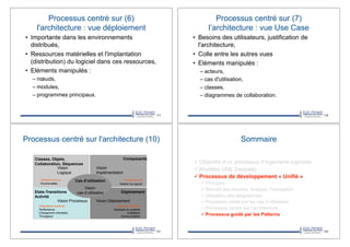Processus centré sur (6)
l'architecture : vue déploiement
•! Importante dans les environnements
distribués,
•! Ressources matérielles et l'implantation
(distribution) du logiciel dans ces ressources,
•! Eléments manipulés :
–!nœuds,
–!modules,
–!programmes principaux.
117
Processus centré sur (7)
l’architecture : vue Use Case
•! Besoins des utilisateurs, justification de
l'architecture,
•! Colle entre les autres vues
•! Eléments manipulés :
–!acteurs,
–!cas d'utilisation,
–!classes,
–!diagrammes de collaboration.
118
Processus centré sur l'architecture (10)
121
Vision
Logique
Utilisateus finaux
Fonctionalités
Vision
Implémentation
Programmeurs
Gestion du logiciel
Vision Processus
Performance
Changement d’échelles
Throughput
Intégrateurs système
Vision Déploiement
Topologie du système
Installation
Communication
Ingénieur système
Conceptuel Physique
Vision
cas d’utilisation
Classes, Objets,
Collaboration, Séquences
Etats-Transitions
Activité
Composants
Déploiement
Cas d'utilisation
Sommaire
!!Objectifs d’un processus d’ingénierie logicielle
!!Modèles UML (rappels)
!!Processus de développement « Unifié »
!!Principes
!!Recueil des besoins, Analyse, Conception
!!Utilisation des diagrammes
!!Processus piloté par les cas d’utilisation
!!Processus centré sur l’architecture
!!Processus guidé par les Patterns
122
 