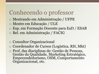 Conhecendo o professor









Mestrando em Administração / UFPE
Mestre em Educação / ULE
Esp. em Formação Docente para EaD / ESAB
Bel. em Administração / FACIG

Consultor Organizacional
Coordenador de Cursos (Logística, RH, Mkt)
Prof. das disciplinas de: Gestão de Pessoas,
Gestão da Qualidade, Marketing Estratégico,
Empreendedorismo, OSM, Comportamento
Organizacional, etc.

 