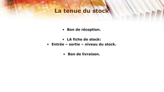 La tenue du stock


        • Bon de réception.

       • LA fiche de stock:
• Entrée – sortie – niveau du stock.

        • Bon de livraison.
 