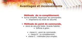 Avantages et inconvénients


   Méthode de re-complètement.
 • Suivie simplifié. Regrouper les commandes.
     • Importance du stock de sécurité.

 • Méthode de point de commande,
  • stock de sécurité faible. Grande fiabilité.
             • Difficile à gérer.

      • classe A : point de commande.
       • classe B : re-complètement.
     • classe C : méthodes plus simples.
 