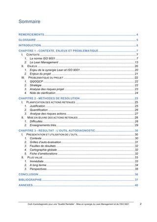 Outil d’autodiagnostic pour une “Qualité Rentable” : Mise en synergie du Lean Management et de l’ISO 9001 2
!
!
Sommaire
!
REMERCIEMENTS..................................................................................................................4
GLOSSAIRE ............................................................................................................................5
INTRODUCTION......................................................................................................................6
CHAPITRE 1 - CONTEXTE, ENJEUX ET PROBLEMATIQUE...............................................7
I. CONTEXTE .......................................................................................................................7
1. La norme ISO 9001 ....................................................................................................7
2. Le Lean Management ..............................................................................................13
II. ENJEUX ........................................................................................................................20
1. Enjeu de la synergie Lean et ISO 9001....................................................................20
2. Enjeux du projet .......................................................................................................21
III. PROBLEMATIQUE DU PROJET ........................................................................................22
1. QQOQCP .................................................................................................................22
2. Stratégie ...................................................................................................................22
3. Analyse des risques projet .......................................................................................23
4. Note de clarification..................................................................................................24
CHAPITRE 2 - METHODES DE RESOLUTION....................................................................25
I. PLANIFICATION DES ACTIONS RETENUES .........................................................................25
1. Justification...............................................................................................................25
2. Quantification ...........................................................................................................26
3. Analyse des risques actions.....................................................................................27
II. MISE EN ŒUVRE DES ACTIONS RETENUES ......................................................................28
1. Difficultés..................................................................................................................28
2. Enseignements tirés.................................................................................................29
CHAPITRE 3 - RESULTAT : L’OUTIL AUTODIAGNOSTIC.................................................30
I. PRESENTATION ET UTILISATION DE L’OUTIL ......................................................................30
1. Contexte ...................................................................................................................30
2. Grilles d’auto-évaluation...........................................................................................31
3. Feuilles de résultats .................................................................................................32
4. Cartographie globale ................................................................................................32
5. Fiche d’améliorations ...............................................................................................32
II. PLUS VALUE..................................................................................................................33
1. Immédiate.................................................................................................................33
2. A long terme .............................................................................................................34
3. Perspectives.............................................................................................................35
CONCLUSION .......................................................................................................................36
BIBLIOGRAPHIE...................................................................................................................37
ANNEXES..............................................................................................................................40
 