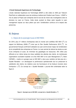 Outil d’autodiagnostic pour une “Qualité Rentable” : Mise en synergie du Lean Management et de l’ISO 9001 20
!
!
)L’Ecole)Nationale)Supérieure)de)Technologie))
L’école nationale Supérieure de Technologie (ENST) a été créée en 2003 par Telecom
ParisTech en collaboration avec de nombreux instituts dont l’Institut Lean France. L’ENST a
mis en place le Projet Lean entreprise dont le but est de mener des investigations dans le
domaine du Lean en France. Cette école soutient la thèse selon laquelle le Lean
management repose sur deux piliers que sont : l’amélioration continue et le respect des
personnes.
II. Enjeux)
1. Enjeu)de)la)synergie)Lean)et)ISO)9001)
En 2010, plus d’1 millions d’entreprises dans le monde sont certifiées ISO 9001 [44
]. Le
rapport de McKinsey (2006) [45
] ainsi que le Plan Qualité Performance 2010 [46
] du
gouvernement français confirment l’utilisation du Lean comme levier majeur de l’amélioration
de la compétitivité des entreprises en France. Le Lean permet de réduire les stocks au sein
d’une entreprise et aussi, de minimiser les gaspillages de ressources. Afin d’être plus
efficients et en même temps de mieux satisfaire les attentes des clients, de nombreuses
organisations souhaitent exploiter à la fois l’ISO 9001 et le Lean Management [47
]. Selon
l’AFNOR, « mettre en synergie Lean et ISO 9001 a donc pour ambition de faire plus de «
Qualité Rentable » en développant la performance opérationnelle tout en préservant la
satisfaction des clients, les relations avec les fournisseurs et les facteurs humains dans
l'entreprise » [48
]. Ce concept de « Qualité Rentable » pourrait être schématisé selon la
figure 4.
Figure 4 : Synergie Lean et ISO 9001, concept de la « Qualité Rentable » [
10
]
 