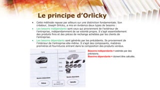 Le principe d’Orlicky
•   Cette méthode repose par ailleurs sur une distinction fondamentale. Son
    créateur, Joseph Orlicky, a mis en évidence deux types de besoins :
•   Les besoins indépendants sont ceux qui proviennent de l’extérieur de
    l’entreprise, indépendamment de sa volonté propre. Il s’agit essentiellement
    des produits finis et des pièces de rechange achetées par les clients de
    l’entreprise.
•   Les besoins dépendants sont générés par les précédents. Ils proviennent de
    l’intérieur de l’entreprise elle-même. Il s’agit des composants, matières
    premières et fournitures entrant dans la composition des produits vendus.

                                               Besoins indépendants = estimés par des
                                               prévisions.
                                               Besoins dépendants = doivent être calculés.
 