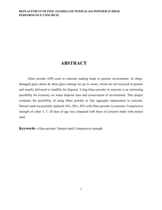 REPLACEMENT OF FINE AGGREGATE WITH GLASS POWDER IN HIGH PERFORMANCE ...