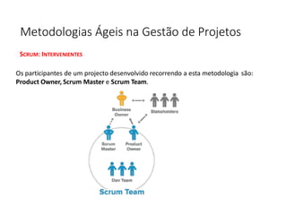 Metodologias Ágeis na Gestão de Projetos
SCRUM: INTERVENIENTES
Os participantes de um projecto desenvolvido recorrendo a esta metodologia são:
Product Owner, Scrum Master e Scrum Team.
 