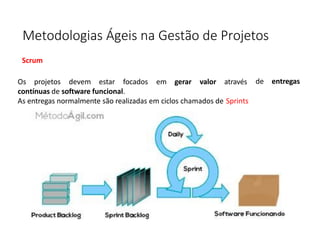 Metodologias Ágeis na Gestão de Projetos
de entregas
Scrum
Os projetos devem estar focados em gerar valor através
contínuas de software funcional.
As entregas normalmente são realizadas em ciclos chamados de Sprints
 