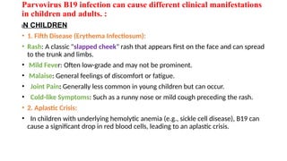 Parvovirus B19 infection can cause different clinical manifestations
in children and adults. :
IN CHILDREN
• 1. Fifth Disease (Erythema Infectiosum):
• Rash: A classic "slapped cheek" rash that appears first on the face and can spread
to the trunk and limbs.
• Mild Fever: Often low-grade and may not be prominent.
• Malaise: General feelings of discomfort or fatigue.
• Joint Pain: Generally less common in young children but can occur.
• Cold-like Symptoms: Such as a runny nose or mild cough preceding the rash.
• 2. Aplastic Crisis:
• In children with underlying hemolytic anemia (e.g., sickle cell disease), B19 can
cause a significant drop in red blood cells, leading to an aplastic crisis.
 