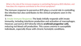 What is the role of the immune response in controlling Parvovirus B19 infection, and
how does this response contribute to the clinical symptoms?
The immune response to parvovirus B19 plays a crucial role in controlling
the infection but also contributes to the clinical symptoms seen in the
disease.
1: Innate Immune Response: The body initially responds with innate
immunity, including interferon production and activation of macrophages.
However, parvovirus B19 directly infects erythroid progenitor cells,
reducing red blood cell production. This causes anemia in susceptible
individuals, especially those with chronic hemolytic conditions.
 