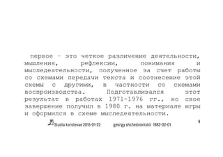 Studia korolevae 2015-01-23 georgy shchedrovitskii 1982-02-01
4	
  
первое – это четкое различение деятельности,
мышления, рефлексии, понимания и
мыследеятельности, полученное за счет работы
со схемами передачи текста и соотнесение этой
схемы с другими, в частности со схемами
воспроизводства. Подготавливался этот
результат в работах 1971-1976 гг., но свое
завершение получил в 1980 г. на материале игры
и оформился в схеме мыследеятельности.
 