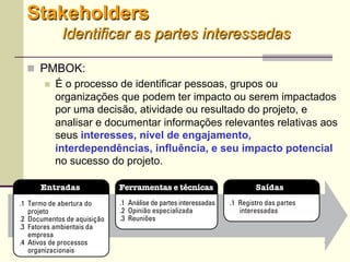 18
Stakeholders
Identificar as partes interessadas
 PMBOK:
 É o processo de identificar pessoas, grupos ou
organizações que podem ter impacto ou serem impactados
por uma decisão, atividade ou resultado do projeto, e
analisar e documentar informações relevantes relativas aos
seus interesses, nível de engajamento,
interdependências, influência, e seu impacto potencial
no sucesso do projeto.
 