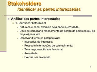 20
 Análise das partes interessadas
 1. Identificar lista inicial
 Natureza e papel exercido pela parte interessada.
 Deve-se começar o mapeamento de dentro da empresa (ou do
projeto) para fora.
 Observar diferentes perspectivas:
 Investidos de interesse;
 Possuem informações ou conhecimento;
 Tem responsabilidade funcional;
 Autoridade;
 Precisa ser envolvido.
Stakeholders
Identificar as partes interessadas
 