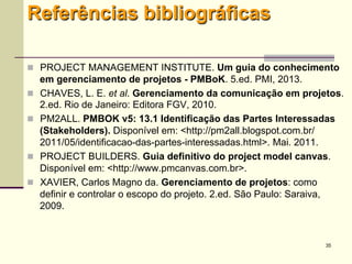 35
Referências bibliográficas
 PROJECT MANAGEMENT INSTITUTE. Um guia do conhecimento
em gerenciamento de projetos - PMBoK. 5.ed. PMI, 2013.
 CHAVES, L. E. et al. Gerenciamento da comunicação em projetos.
2.ed. Rio de Janeiro: Editora FGV, 2010.
 PM2ALL. PMBOK v5: 13.1 Identificação das Partes Interessadas
(Stakeholders). Disponível em:
<http://pm2all.blogspot.com.br/2011/05/identificacao-das-partes-
interessadas.html>. Mai. 2011.
 PROJECT BUILDERS. Guia definitivo do project model canvas.
Disponível em: <http://www.pmcanvas.com.br>.
 XAVIER, Carlos Magno da. Gerenciamento de projetos: como
definir e controlar o escopo do projeto. 2.ed. São Paulo: Saraiva,
2009.
 