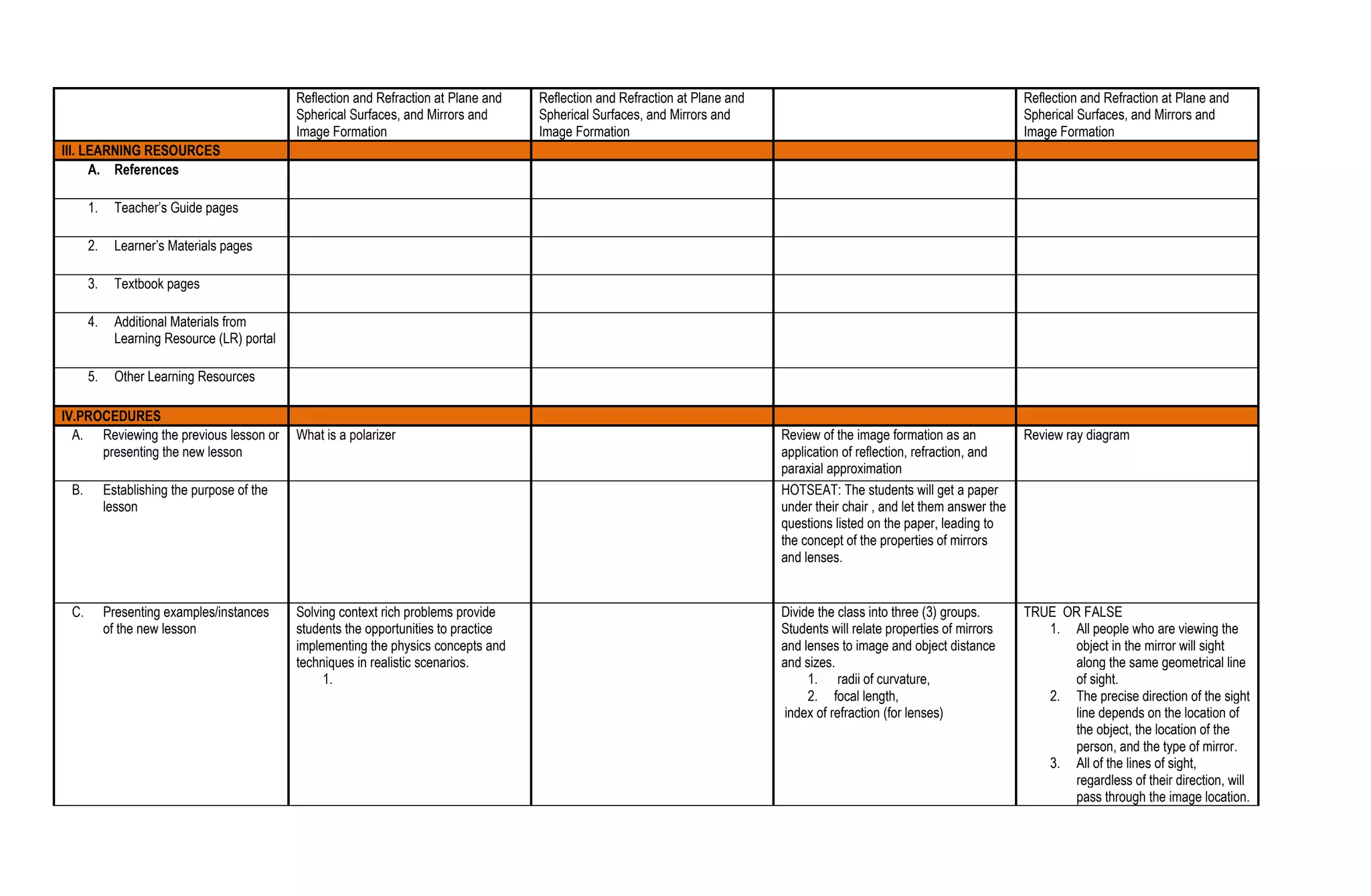 Reﬂection and Refraction at Plane and
Spherical Surfaces, and Mirrors and
Image Formation
Reﬂection and Refraction at Plane and
Spherical Surfaces, and Mirrors and
Image Formation
Reﬂection and Refraction at Plane and
Spherical Surfaces, and Mirrors and
Image Formation
III. LEARNING RESOURCES
A. References
1. Teacher’s Guide pages
2. Learner’s Materials pages
3. Textbook pages
4. Additional Materials from
Learning Resource (LR) portal
5. Other Learning Resources
IV.PROCEDURES
A. Reviewing the previous lesson or
presenting the new lesson
What is a polarizer Review of the image formation as an
application of reflection, refraction, and
paraxial approximation
Review ray diagram
B. Establishing the purpose of the
lesson
HOTSEAT: The students will get a paper
under their chair , and let them answer the
questions listed on the paper, leading to
the concept of the properties of mirrors
and lenses.
C. Presenting examples/instances
of the new lesson
Solving context rich problems provide
students the opportunities to practice
implementing the physics concepts and
techniques in realistic scenarios.
1.
Divide the class into three (3) groups.
Students will relate properties of mirrors
and lenses to image and object distance
and sizes.
1. radii of curvature,
2. focal length,
index of refraction (for lenses)
TRUE OR FALSE
1. All people who are viewing the
object in the mirror will sight
along the same geometrical line
of sight.
2. The precise direction of the sight
line depends on the location of
the object, the location of the
person, and the type of mirror.
3. All of the lines of sight,
regardless of their direction, will
pass through the image location.
 