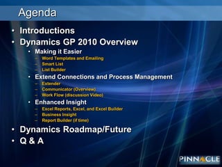 AgendaIntroductionsDynamics GP 2010 OverviewMaking it EasierWord Templates and EmailingSmart ListList BuilderExtend Connections and Process ManagementExtenderCommunicator (Overview)Work Flow (discussion Video)Enhanced InsightExcel Reports, Excel, and Excel BuilderBusiness InsightReport Builder (if time)Dynamics Roadmap/Future Q & A