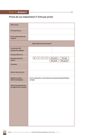 128 Guide pour l'élaboration de suivis d'opérations de restauration hydromorphologique en cours d'eau - Mai 2019
Date et heure
N° du point de vue
N° de la photo donnée par
l’appareil
Repères/positionnement appareil
Coordonnées GPS
(Lambert93ouWGS84)
Précision GPS (en m)
Description points de
repères
Orientation
Hauteur de prise de vue
Objectifs et critères
hydromorphologiques
Tracé en plan/profil en travers/faciès d’écoulement/ripisylve/habitats/
ouvrages
Schéma de positionnement
del’appareilet/ouremarques
Fiche 7 - Annexe 2
Prises de vue implantation (1 fiche par prise)
N S E O Vers amont
Rive droite
Vers aval
Rive gauche
 