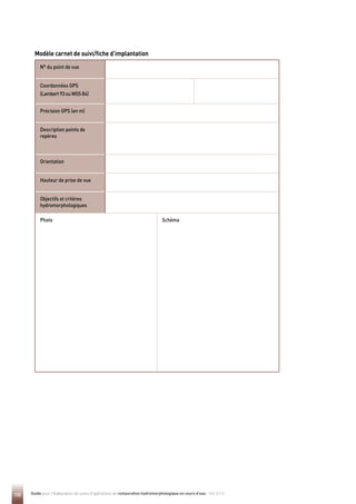 132 Guide pour l'élaboration de suivis d'opérations de restauration hydromorphologique en cours d'eau - Mai 2019
N° du point de vue
Coordonnées GPS
(Lambert93ouWGS84)
Précision GPS (en m)
Description points de
repères
Orientation
Hauteur de prise de vue
Objectifs et critères
hydromorphologiques
Photo Schéma
Modèle carnet de suivi/fiche d’implantation
 