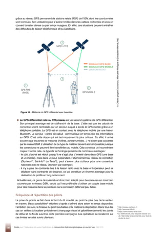 Figure 55 - 
Méthode du GPS différentiel avec base fixe.
138 Guide pour l'élaboration de suivis d'opérations de restauration hydromorphologique en cours d'eau - Mai 2019


Le GPS différentiel relié au RTK-réseau est un second système de GPS différentiel.
Son principal avantage est de s’affranchir de la base. L’idée est que les calculs de
correction soient centralisés sur un serveur auquel a accès le GPS mobile grâce à un
téléphone portable. Le GPS est en contact avec le téléphone mobile par une liaison
Bluetooth. Le serveur - centre de calcul - communique en temps réel les informations
au GPS. C’est cette étape qui est techniquement la plus critique. En effet, il arrive
souvent que les zones de mesures (rivières, zones humides…) ne soient pas couvertes
par le réseau GSM. L’utilisation de ce type de matériel devient alors impossible puisque
les corrections ne peuvent être transférées au mobile. Cela constitue un inconvénient
majeur. Hormis cela, ce type de technologie présente de nombreux avantages :
- 
le coût d’achat est réduit puisqu’il ne s’agit plus d’investir dans deux GPS (une base
et un mobile), mais dans un seul. Cependant, l’abonnement au réseau de correction
(Orpheon37
, Sat-Info38
ou Teria39
), peut s’avérer plus coûteux pour une couverture
nationale avec le réseau Orpheon par exemple ;
- 
il n’y a plus de contrainte liée à la liaison radio avec la base et l’opérateur peut se
déplacer sans contrainte de distance, ce qui constitue un énorme avantage pour la
réalisation de profils en long notamment.
Actuellement, ce genre de matériel est donc bien adapté pour des mesures en zone bien
couverte par le réseau GSM, tandis qu’il est préférable d’utiliser un couple base-mobile
pour des mesures dans les secteurs où la connexion GSM est peu fiable.
Fréquence et répartition des points
La prise de points se fait dans le fond du lit mouillé, au point le plus bas de la section
en travers. Deux possibilités40
décrites ci-après s’offrent alors selon le temps disponible,
l’ambition du suivi, la finesse du profil souhaitée et le matériel à disposition. Dans tous les
cas on veillera à localiser précisément (marquage visuel et géoréférencement) les points
de début et de fin de suivi lors de la première campagne. Les opérateurs se recaleront sur
ces limites lors des suivis ultérieurs.
37 
http://reseau-orpheon.fr/
38
http://www.sat-info.fr/
39
https://www.reseau-teria.com/
40 
La méthode de prise de point choisie lors
de l’état initial sera conservée pour toute la
durée du suivi.
GPS FIXE
(BASE)
1
2
4
3
SATELLITES
GPS MOBILE
SIGNAUX GPS BASE
SIGNAUX GPS MOBILE
LIAISON RADIO
©

C
rédits
projet
Cocosrico,
Manuelle
Philippe
et
Sébastien
Hervé
[48].
grâce au réseau GPS permanent de stations relais (RGP) de l’IGN, dont les coordonnées
sont connues. Son utilisation peut s’avérer limitée dans les vallées profondes et sous un
couvert forestier dense ou par temps nuageux. En effet, ces situations peuvent entraîner
des difficultés de liaison téléphonique et/ou satellitaire.
 