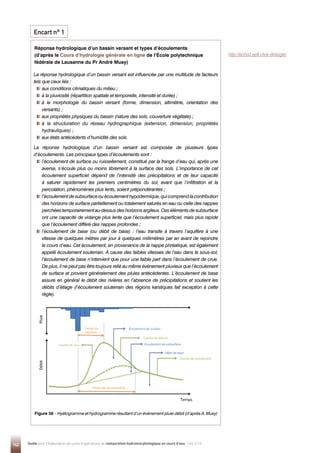 142 Guide pour l'élaboration de suivis d'opérations de restauration hydromorphologique en cours d'eau - Mai 2019
La réponse hydrologique d’un bassin versant est influencée par une multitude de facteurs
tels que ceux liés :

aux conditions climatiques du milieu ;

à la pluviosité (répartition spatiale et temporelle, intensité et durée) ;

à la morphologie du bassin versant (forme, dimension, altimétrie, orientation des
versants) ;

aux propriétés physiques du bassin (nature des sols, couverture végétale) ;

à la structuration du réseau hydrographique (extension, dimension, propriétés
hydrauliques) ;

aux états antécédents d’humidité des sols.
La réponse hydrologique d’un bassin versant est composée de plusieurs types
d’écoulements. Les principaux types d’écoulements sont :

l’écoulement de surface ou ruissellement, constitué par la frange d’eau qui, après une
averse, s’écoule plus ou moins librement à la surface des sols. L’importance de cet
écoulement superficiel dépend de l’intensité des précipitations et de leur capacité
à saturer rapidement les premiers centimètres du sol, avant que l’infiltration et la
percolation, phénomènes plus lents, soient prépondérantes ;

l’écoulementdesubsurfaceouécoulementhypodermique,quicomprendlacontribution
des horizons de surface partiellement ou totalement saturés en eau ou celle des nappes
perchées temporairement au-dessus des horizons argileux. Ces éléments de subsurface
ont une capacité de vidange plus lente que l’écoulement superficiel, mais plus rapide
que l’écoulement différé des nappes profondes ;

l’écoulement de base (ou débit de base) : l’eau transite à travers l’aquifère à une
vitesse de quelques mètres par jour à quelques millimètres par an avant de rejoindre
le cours d’eau. Cet écoulement, en provenance de la nappe phréatique, est également
appelé écoulement souterrain. À cause des faibles vitesses de l’eau dans le sous-sol,
l’écoulement de base n’intervient que pour une faible part dans l’écoulement de crue.
De plus, il ne peut pas être toujours relié au même événement pluvieux que l’écoulement
de surface et provient généralement des pluies antécédentes. L’écoulement de base
assure en général le débit des rivières en l’absence de précipitations et soutient les
débits d’étiage (l’écoulement souterrain des régions karstiques fait exception à cette
règle).
Figure 56 - Hyétogramme et hydrogramme résultant d’un événement pluie-débit (d’après A. Musy)
Réponse hydrologique d’un bassin versant et types d’écoulements
(d’après le Cours d’hydrologie générale en ligne de l’École polytechnique
fédérale de Lausanne du Pr André Musy)
Encart n° 1
http://echo2.epfl.ch/e-drologie/
 