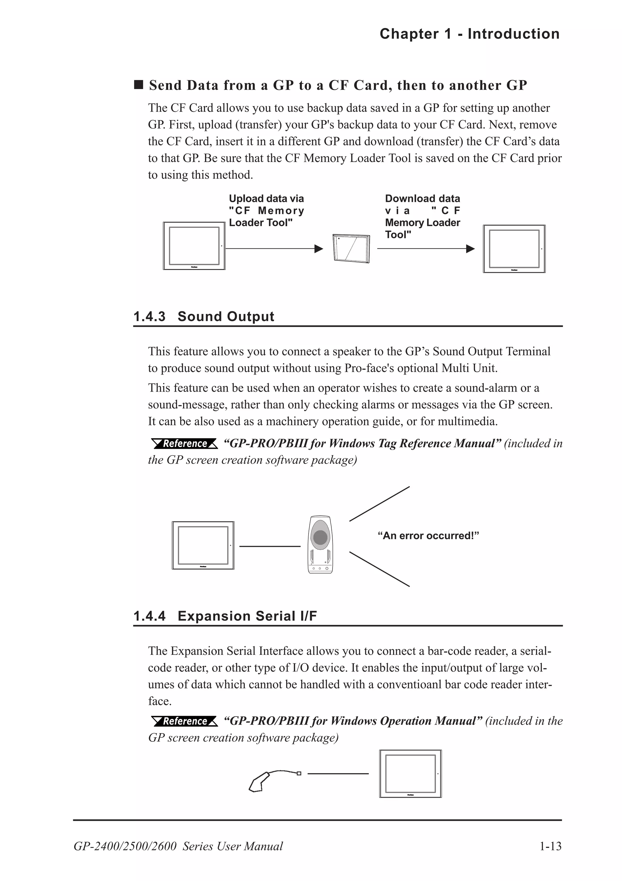 GP-2400/2500/2600 Series User Manual 1-13
Chapter 1 - Introduction
Send Data from a GP to a CF Card, then to another GP
The CF Card allows you to use backup data saved in a GP for setting up another
GP. First, upload (transfer) your GP's backup data to your CF Card. Next, remove
the CF Card, insert it in a different GP and download (transfer) the CF Card’s data
to that GP. Be sure that the CF Memory Loader Tool is saved on the CF Card prior
to using this method.
1.4.3 Sound Output
Download data
v i a " C F
Memory Loader
Tool"
Upload data via
"CF Memory
Loader Tool"
This feature allows you to connect a speaker to the GP’s Sound Output Terminal
to produce sound output without using Pro-face's optional Multi Unit.
This feature can be used when an operator wishes to create a sound-alarm or a
sound-message, rather than only checking alarms or messages via the GP screen.
It can be also used as a machinery operation guide, or for multimedia.
“GP-PRO/PBIII for Windows Tag Reference Manual” (included in
the GP screen creation software package)
“An error occurred!”
1.4.4 Expansion Serial I/F
The Expansion Serial Interface allows you to connect a bar-code reader, a serial-
code reader, or other type of I/O device. It enables the input/output of large vol-
umes of data which cannot be handled with a conventioanl bar code reader inter-
face.
“GP-PRO/PBIII for Windows Operation Manual” (included in the
GP screen creation software package)
 