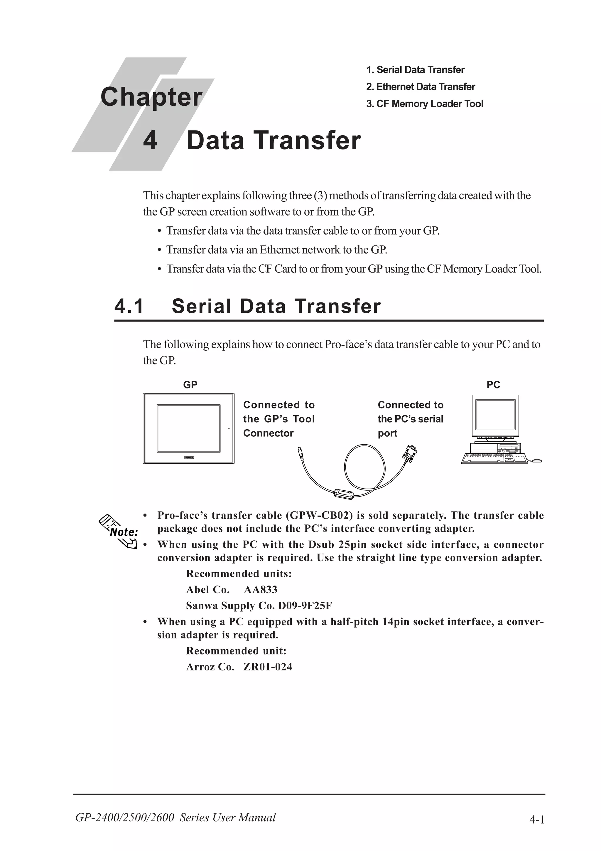 4-1GP-2400/2500/2600 Series User Manual
Thischapterexplainsfollowingthree(3)methodsoftransferringdatacreatedwiththe
the GP screen creation software to or from the GP.
• Transfer data via the data transfer cable to or from your GP.
• Transfer data via an Ethernet network to the GP.
• TransferdataviatheCFCardtoorfromyourGPusingtheCFMemoryLoaderTool.
4.1 Serial Data Transfer
Chapter
4 Data Transfer
1. Serial Data Transfer
2. Ethernet Data Transfer
3. CF Memory Loader Tool
The following explains how to connect Pro-face’s data transfer cable to your PC and to
the GP.
GP PC
Connected to
the PC’s serial
port
Connected to
the GP’s Tool
Connector
• Pro-face’s transfer cable (GPW-CB02) is sold separately. The transfer cable
package does not include the PC’s interface converting adapter.
• When using the PC with the Dsub 25pin socket side interface, a connector
conversion adapter is required. Use the straight line type conversion adapter.
Recommended units:
Abel Co. AA833
Sanwa Supply Co. D09-9F25F
• When using a PC equipped with a half-pitch 14pin socket interface, a conver-
sion adapter is required.
Recommended unit:
Arroz Co. ZR01-024
 